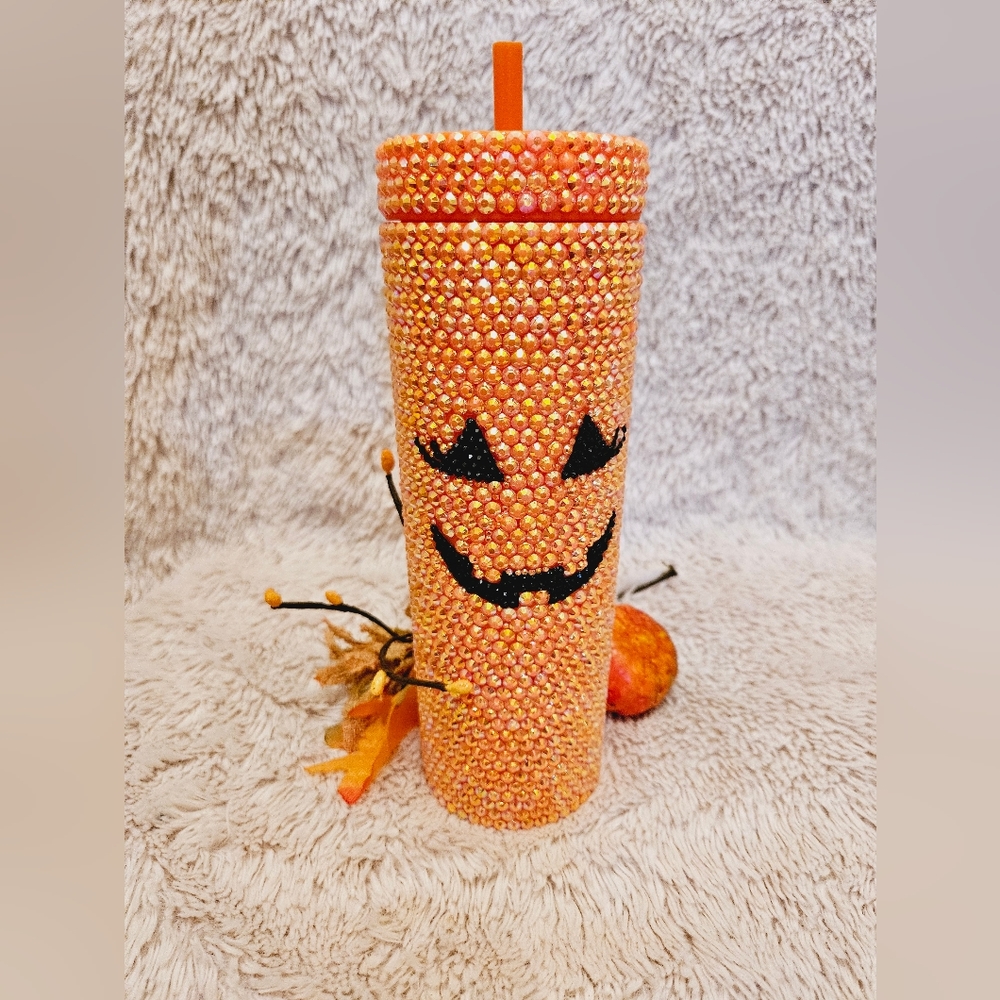 Rhinestone Pumpkin skinny tumbler 16 oz